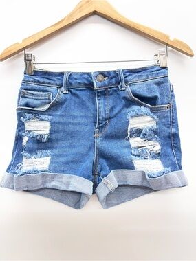 Wax Jean Distressed Rolled Hem Denim‎ Shorts - Blue